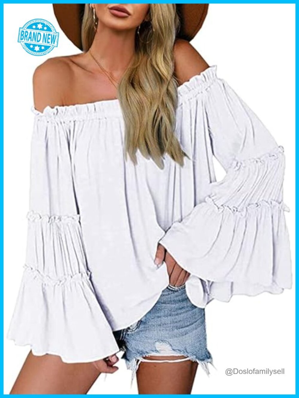 Off Shoulder Long Bell Sleeve Blouse Peasant Top Loose Fit